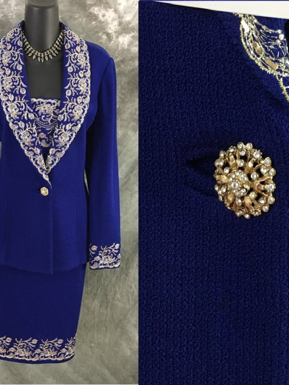 BEAUTIFUL St John evening blue rhinestones jacket skirt suit 6 8